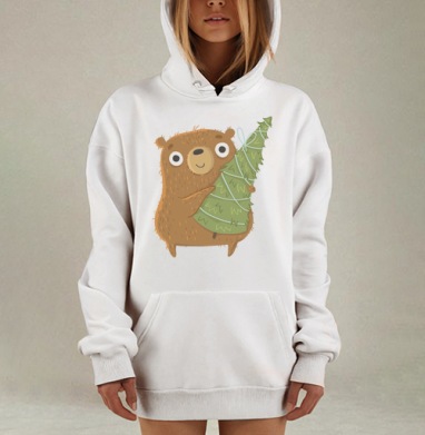 Медведь с рождественской ёлкой тепла и уюта, Hoodie Mjhigh Dig, оверсайз, утепленная