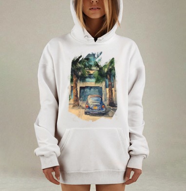Городская сцена с синим Фольксваген Жуком, Hoodie Mjhigh Dig, оверсайз, утепленная