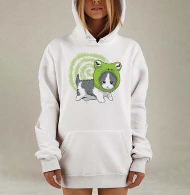 Котенок в костюме лягушки мультяшный милый ПУР, Hoodie Mjhigh Dig, оверсайз, утепленная