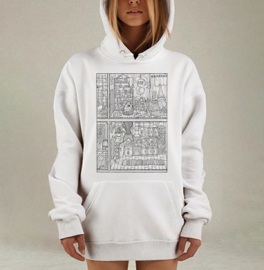 Сюрреалистичная картина «Рыбий дом» — абсурд повседневности, Hoodie Mjhigh Dig, оверсайз, утепленная