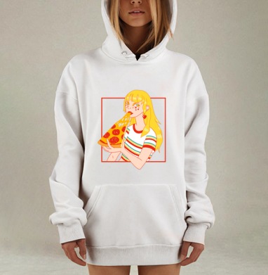Яркий принт Девушка с пиццей и сырной тянучкой, Hoodie Mjhigh Dig, оверсайз, утепленная