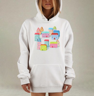 Яркие уютные домики на склоне холма, Hoodie Mjhigh Dig, оверсайз, утепленная