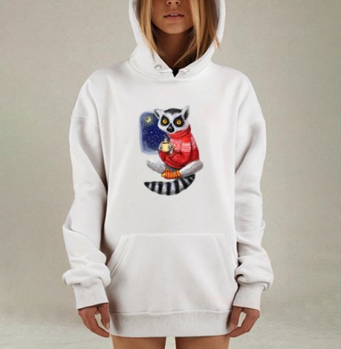 Уютный лемур в зимнем свитере с чашкой тепла, Hoodie Mjhigh Dig, оверсайз, утепленная