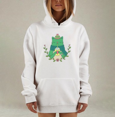 Уютная Зеленая Кошка с Чашкой Теплого Напитка, Hoodie Mjhigh Dig, оверсайз, утепленная