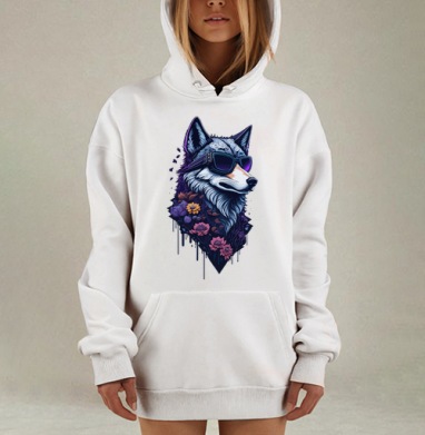 Волк в очках и цветочный микс синий фиолетовый серый, Hoodie Mjhigh Dig, оверсайз, утепленная