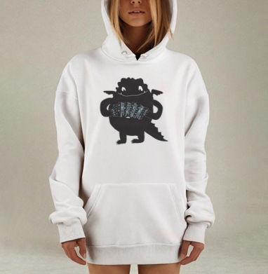 Мультяшный чёрный дракон держит ряд серых зданий, Hoodie Mjhigh Dig, оверсайз, утепленная