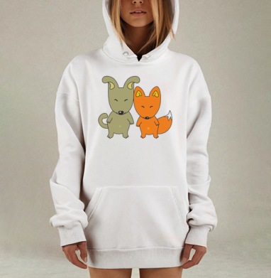 Дружба милых мультяшных животного лисы персонажей вместе, Hoodie Mjhigh Dig, оверсайз, утепленная