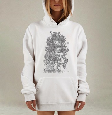 Поэтичная аллегория где природа поглощает технику HELP K-34 Робот, Hoodie Mjhigh Dig, оверсайз, утепленная
