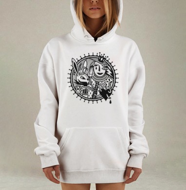Монохромная иллюстрация с тройным глазом кроликами и сердцем, Hoodie Mjhigh Dig, оверсайз, утепленная