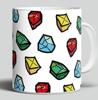 Нарисованные яркие граненые драгоценные камни на сером фоне паттерн / Drawn bright faceted gemstones on gray pattern, Кружка c принтом керамическая