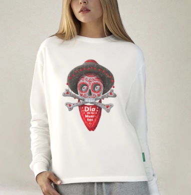 Череп с сомбреро Día de los Muertos яркий арт, Футболка лонгслив женская белая