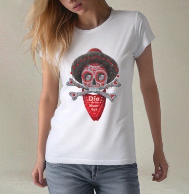 Череп с сомбреро Día de los Muertos яркий арт, Футболка женская белая 180гр