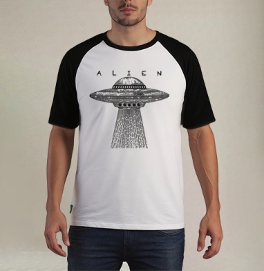 Винтажный НЛО с лучом света и надписью ALIEN - Футболка мужская REGULAR реглан бел/черный, страница 3