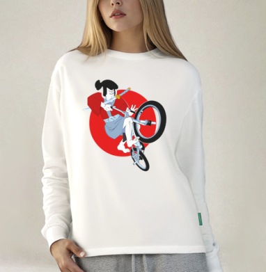 Динамичная векторная иллюстрация самурая на заднем колесе самурай на BMX, Футболка лонгслив женская белая