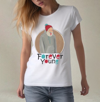 Веселый старик Forever Young с яркой шапкой, Футболка женская белая 180гр