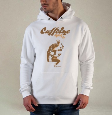 Caffeine mania/Кофеиномания минимализм ретро плакат с силуэтами бариста и чашки, Толстовка белая Regular, утепленная
