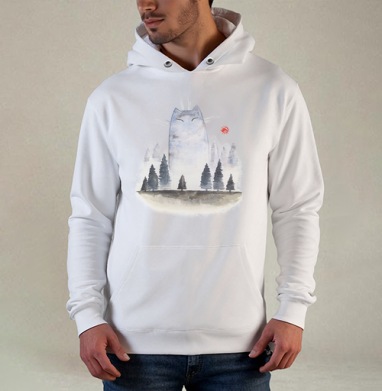 Мифический гигантский кот в туманном лесу, Толстовка белая Regular, утепленная