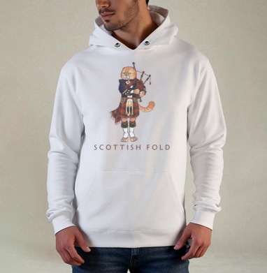 Кот-волынщик в шотландском костюме, Толстовка белая Regular, утепленная