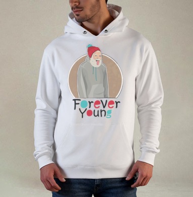 Веселый старик Forever Young с яркой шапкой, Толстовка белая Regular, утепленная