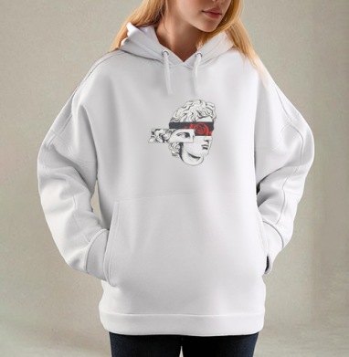 Сюрреалистичный Бюст с Чёрной Повязкой и Розой, Толстовка / Женская/ Оверсайз / Начес / Белая / C принтом