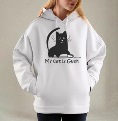 My cat is Geek, Толстовка / Женская/ Оверсайз / Начес / Белая / C принтом