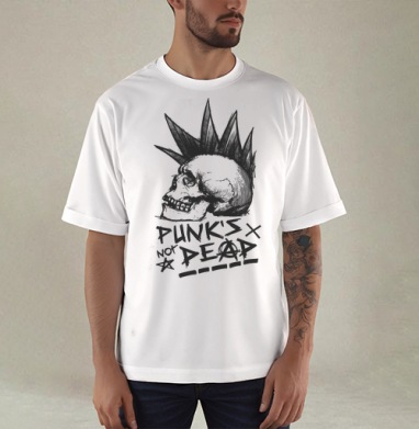 Череп с ирокезом PUNKS NOT DEAD – панк-графика - Купить мужские футболка oversize–limitless с черепом в Москве, цена мужских футболки oversize–limitless с черепом с прикольными принтами - магазин дизайнерской одежды Maryjane