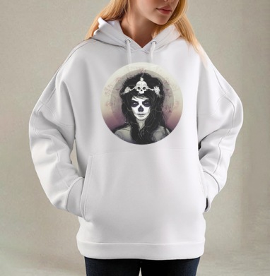 Santa Muerte, Толстовка / Женская/ Оверсайз / Начес / Белая / C принтом