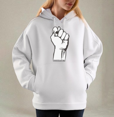 Raised Fist / Поднятый кулак символ сопротивления и вертикаль власти плакат, Толстовка / Женская/ Оверсайз / Начес / Белая / C принтом