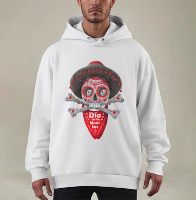 Череп с сомбреро Día de los Muertos яркий арт - Купить мужские худи оверсайз mono Шлемштурмовика в Москве, цена мужских худи оверсайз mono  с прикольными принтами - магазин дизайнерской одежды Maryjane