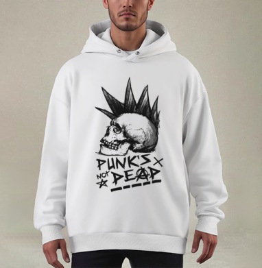 Череп с ирокезом PUNKS NOT DEAD – панк-графика - Купить мужские худи оверсайз mono Медведя в Москве, цена мужских худи оверсайз mono  с прикольными принтами - магазин дизайнерской одежды Maryjane
