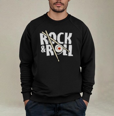 Рок-н-ролльная подача суши с черепом и палочками ROCK ROLL - Свитшот мужской черный петля/начес, страница 19