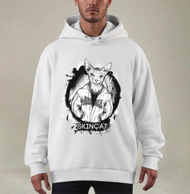 Сфинкс в куртке Лонсдейл с надписью SKINCAT - Купить мужские худи оверсайз mono Паучок в Москве, цена мужских худи оверсайз mono  с прикольными принтами - магазин дизайнерской одежды Maryjane