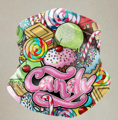 Яркое яйцо из сладостей Candy в стиле поп-арт - Бандана-труба лыжная Балаклава спортивная бафф (двусторонний) принт / черный микрофлис