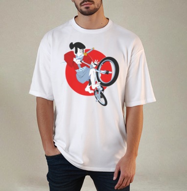 Динамичная векторная иллюстрация самурая на заднем колесе самурай на BMX, Футболка / Мужчинам / Оверсайз / Белая / C принтом