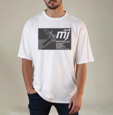 Стилизованный автомат Калашникова с логотипом MJ и надписями READY MADE Stuff, Футболка / Мужчинам / Оверсайз / Белая / C принтом