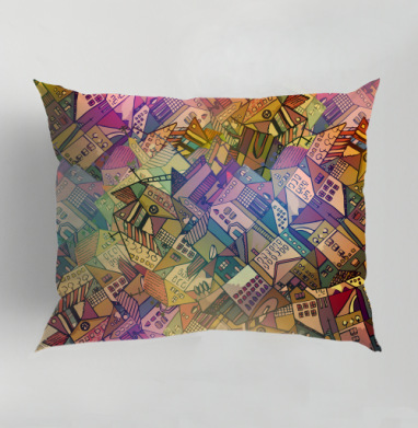 Яркий узор с миниатюрными домиками для декора, Подушка декоративная 50х70 см