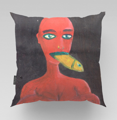 Red woman with a fish in his mouth, Подушка велюр плюшевая 45х45