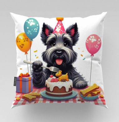Маленький черный терьер отмечает первый юбилей Birthday Dog Party, Подушка велюр плюшевая 45х45