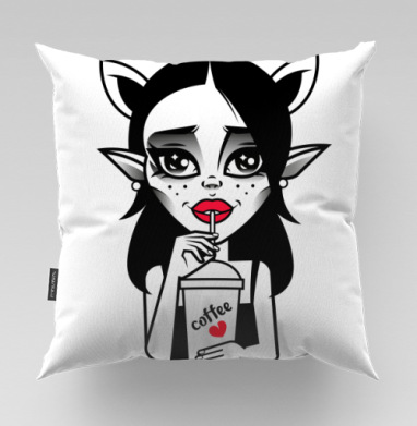 Stylish Demon Girl Drinking Coffee / Стильная Демонесса Пьет Кофе Сердце - Магазин футболок iaroslavb, Подушки