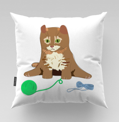 Игровой милый котёнок с зелёным клубком пряжи, Подушка велюр плюшевая 45х45