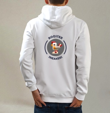 Логотип ROOSTER Sneakers с петухом в кроссовках, Толстовка на молнии, печать на спине. муж. белая v3 320гр