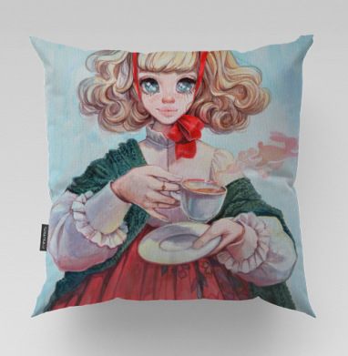 Tea Party Girl / Девочка с чаем в красном платье весна и волшебство, Подушка велюр плюшевая 45х45