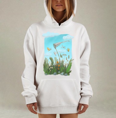 Сачок и бабочки в нежной акварели, Hoodie Mjhigh Dig, оверсайз, утепленная