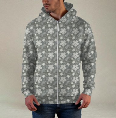 Grey Daisy Floral / Серые маргаритки цветы — Паттерн серые маргаритки цветы, Толстовка мужская на молнии 3Д полная запечатка
