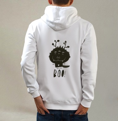 Милый черно-белый монстр с надписью BOO!, Толстовка на молнии, печать на спине. муж. белая v3 320гр