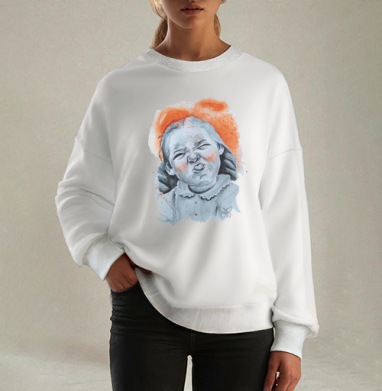 Милая девочка с кривлянием и радужными акцентами, Свитшот оверсайз белый женский