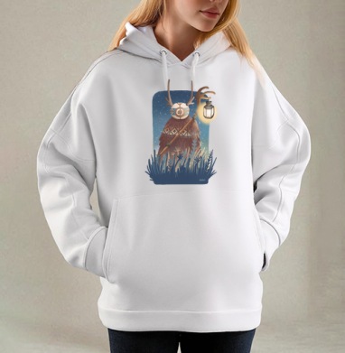 Мистический дух леса с фонарём и оленьими рогами, Толстовка / Женская/ Оверсайз / Начес / Белая / C принтом