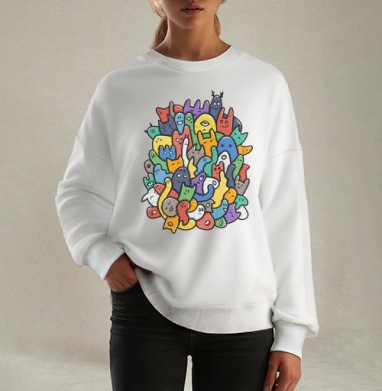 Весёлое собрание мультяшных монстров doodle art, Свитшот оверсайз белый женский