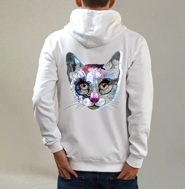 Кошка графика, Толстовка на молнии, печать на спине. муж. белая v3 320гр