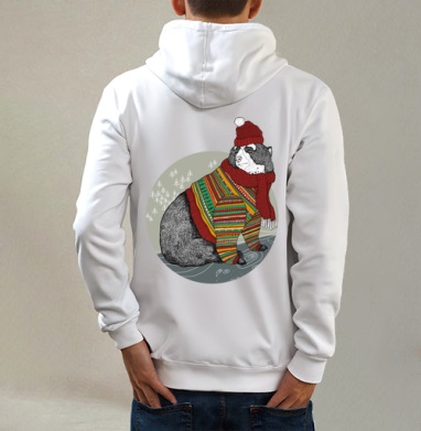 Рождественский Мишка, Толстовка на молнии, печать на спине. муж. белая v3 320гр